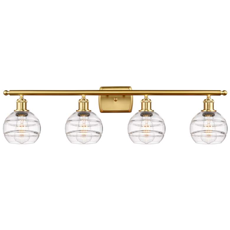 Image 1 Edison Rochester 35"W 4-Light Satin Nickel Bath Vanity Light w/ Smoke