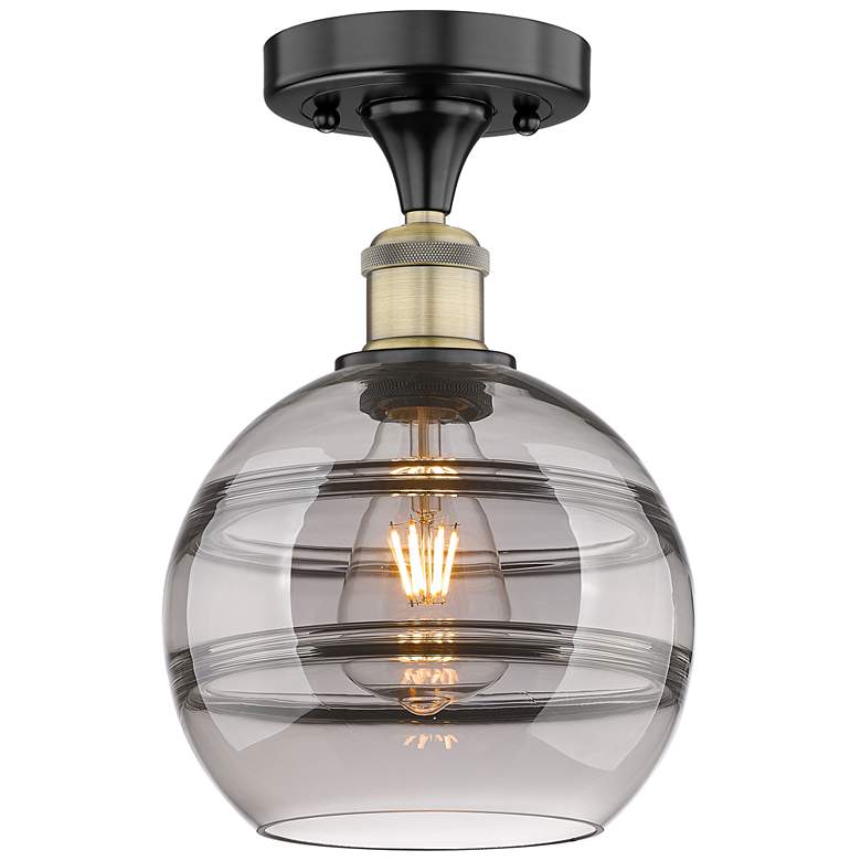 Image 1 Edison Rochester 8"W Black Antique Brass Semi-Flush w/ Light Smoke Sha