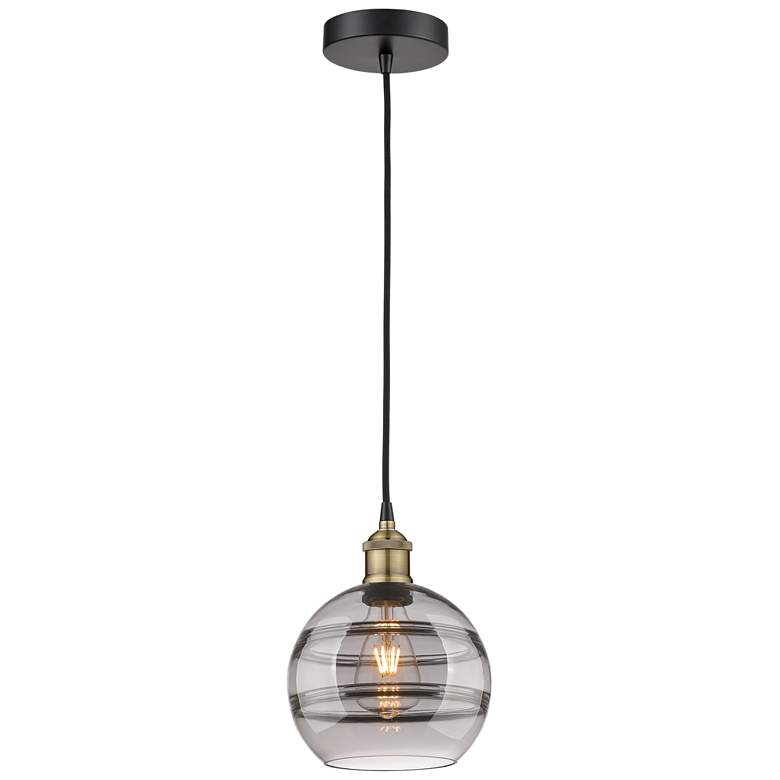 Image 1 Edison Rochester 8"W Black Brass Corded Mini Pendant w/ Light Smoke Sh