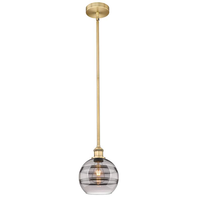 Image 1 Edison Rochester 8"W Brushed Brass Stemmed Mini Pendant w/ Smoke Shade