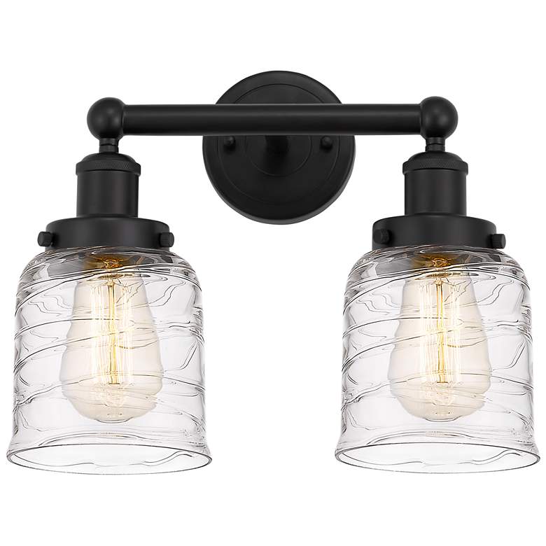Image 1 Edison Small Bell 16" 2-Light Matte Black Bath Light w/ Deco Swirl Sha
