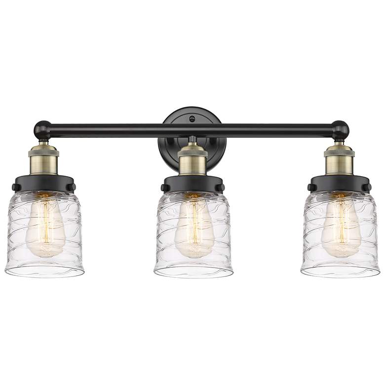 Image 1 Edison Small Bell 24.5"W 3 Light Black Brass Bath Light w/ Deco Swirl