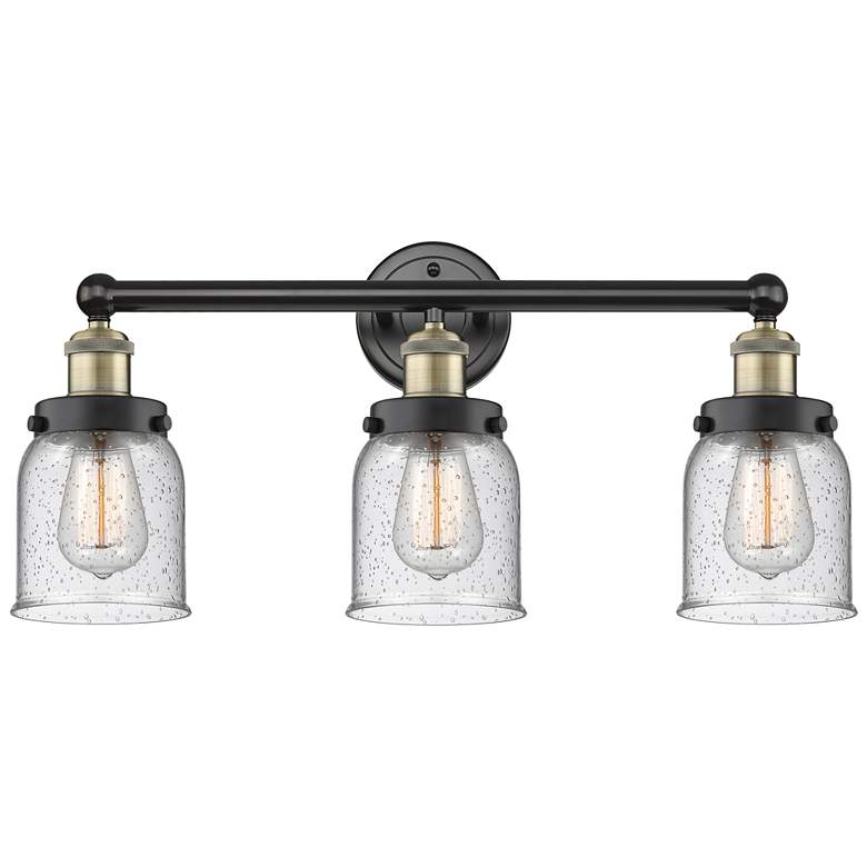Image 1 Edison Small Bell 24.5"W 3 Light Black Brass Bath Light With Seedy Sha