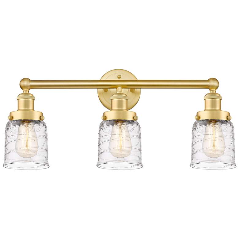 Image 1 Edison Small Bell 24.5"W 3 Light Satin Gold Bath Light w/ Deco Swirl S