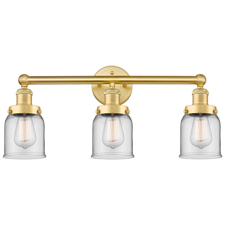 Image 1 Edison Small Bell 24.5"W 3 Light Satin Gold Bath Light With Clear Shad