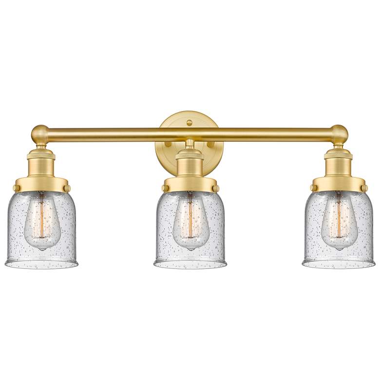 Image 1 Edison Small Bell 24.5"W 3 Light Satin Gold Bath Light With Seedy Shad