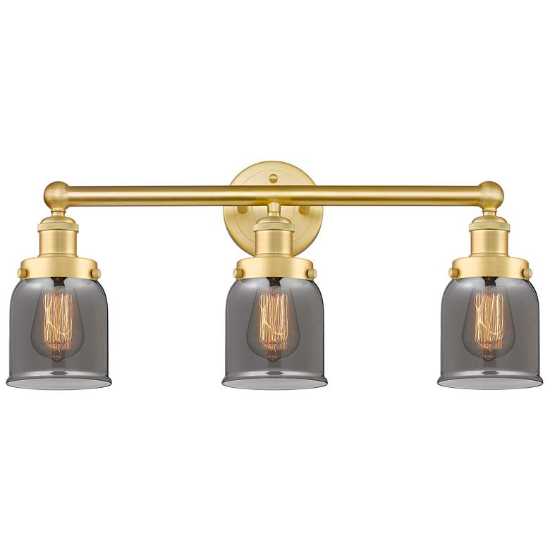 Image 1 Edison Small Bell 24.5 inchW 3 Light Satin Gold Bath Light With Smoke Shad