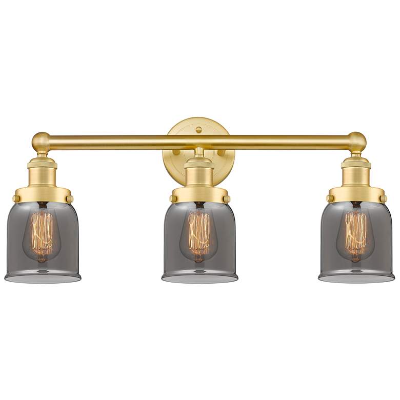Image 1 Edison Small Bell 24.5"W 3 Light Satin Gold Bath Light With Smoke Shad
