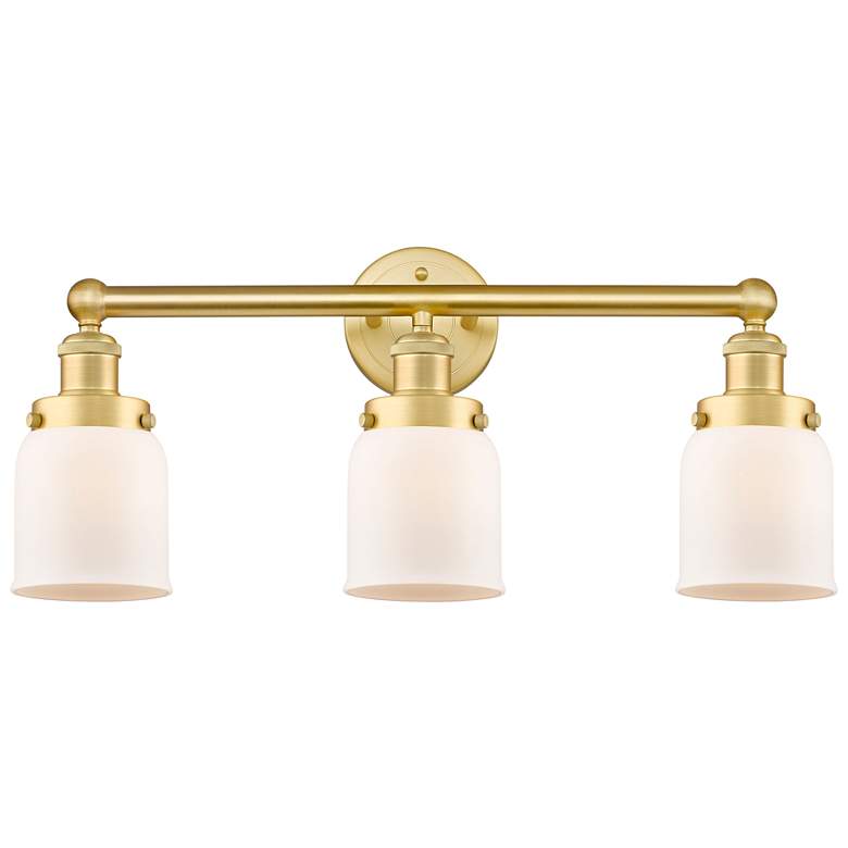 Image 1 Edison Small Bell 24.5"W 3 Light Satin Gold Bath Light With White Shad