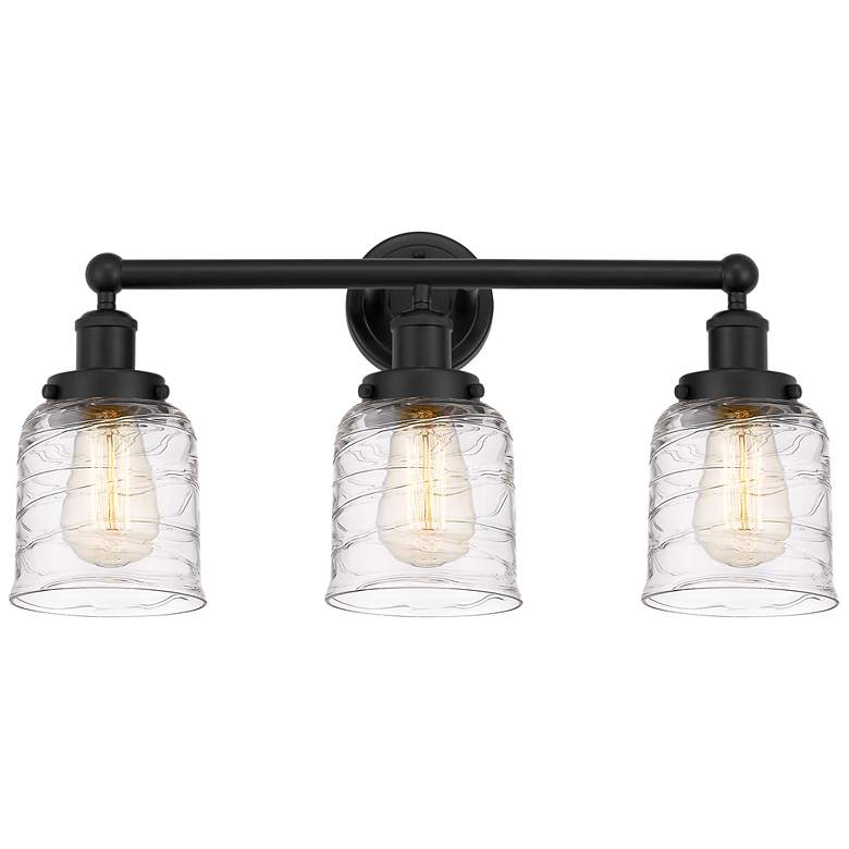 Image 1 Edison Small Bell 25" 3-Light Matte Black Bath Light w/ Deco Swirl Sha