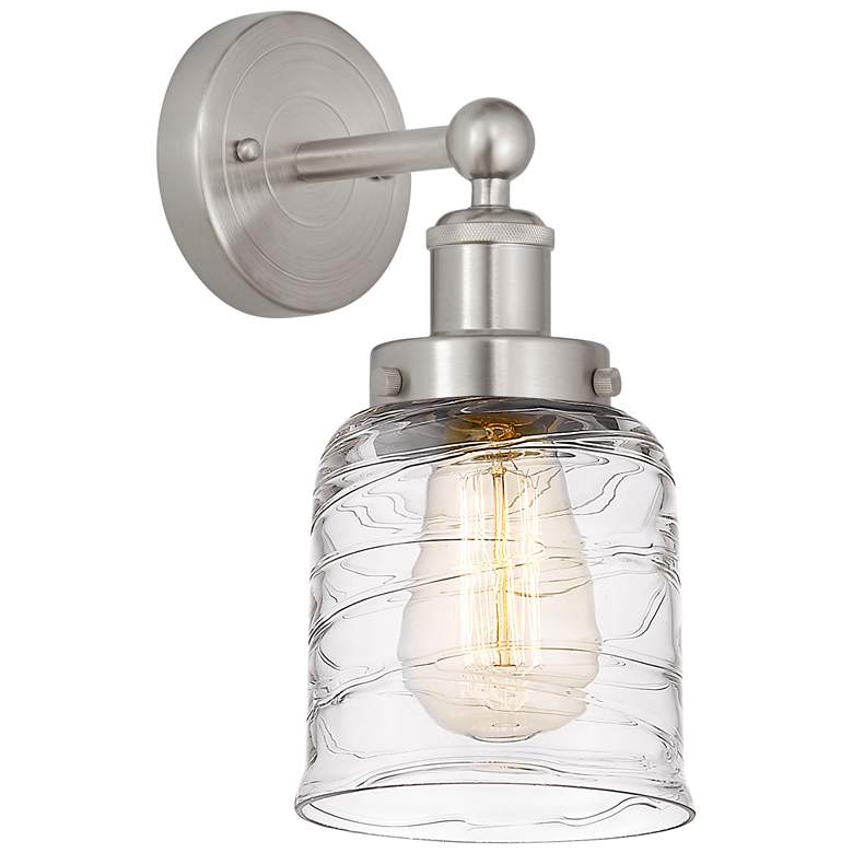 Image 1 Edison Small Bell 7" Brushed Satin Nickel Sconce w/ Deco Swirl Shade