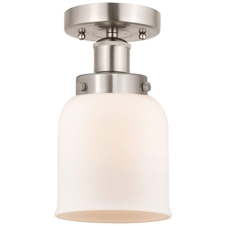 Image 1 Edison Small Bell 7" Brushed Satin Nickel Semi Flush Mount w/ White Sh