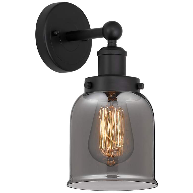 Image 1 Edison Small Bell 7" Matte Black Sconce w/ Plated Smoke Shade