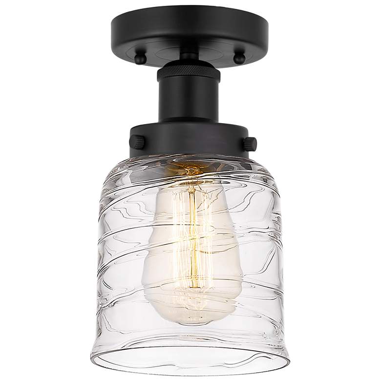 Image 1 Edison Small Bell 7" Matte Black Semi Flush Mount w/ Deco Swirl Shade