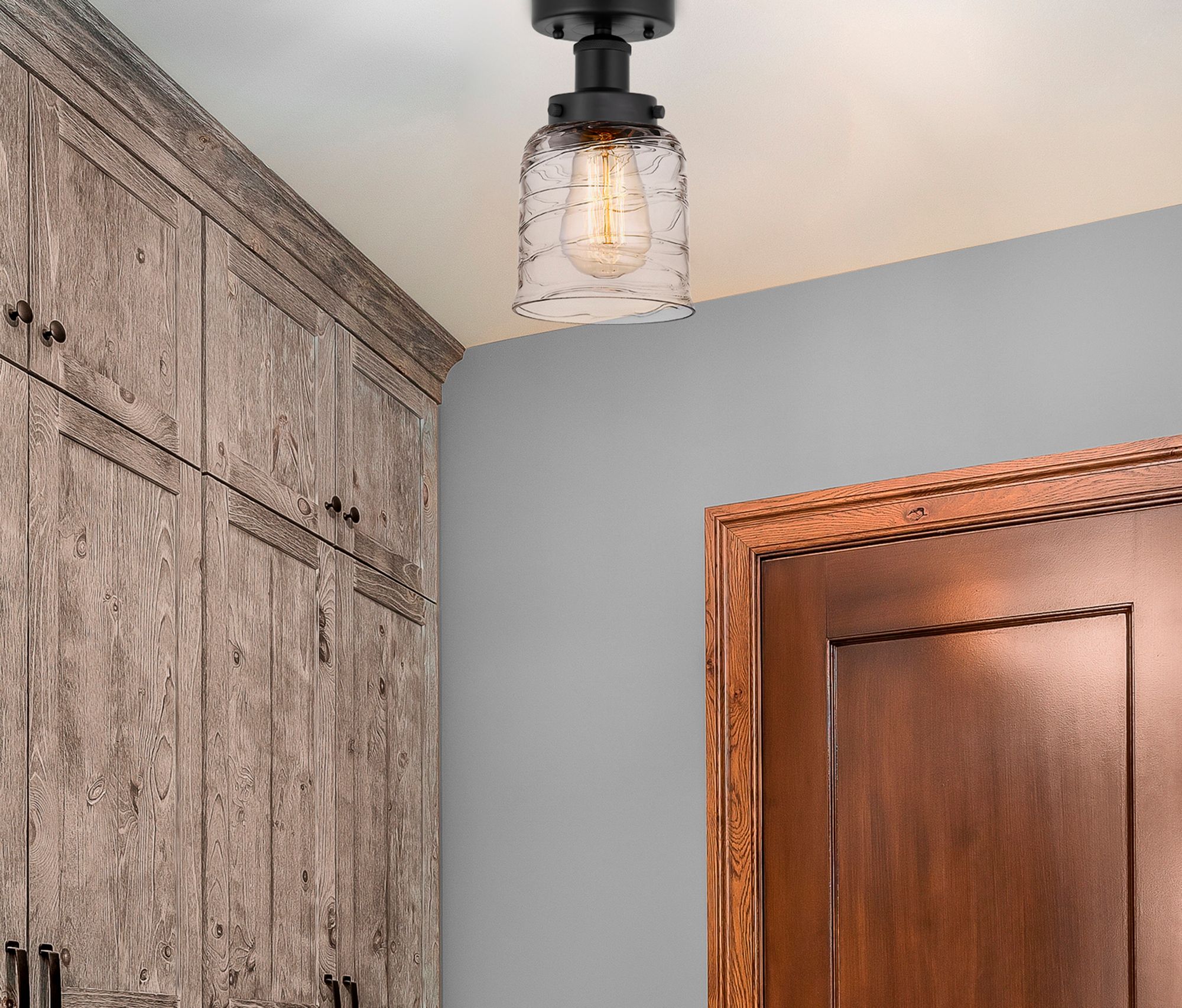 Image 2 Edison Small Bell 7" Matte Black Semi Flush Mount w/ Deco Swirl Shade more views