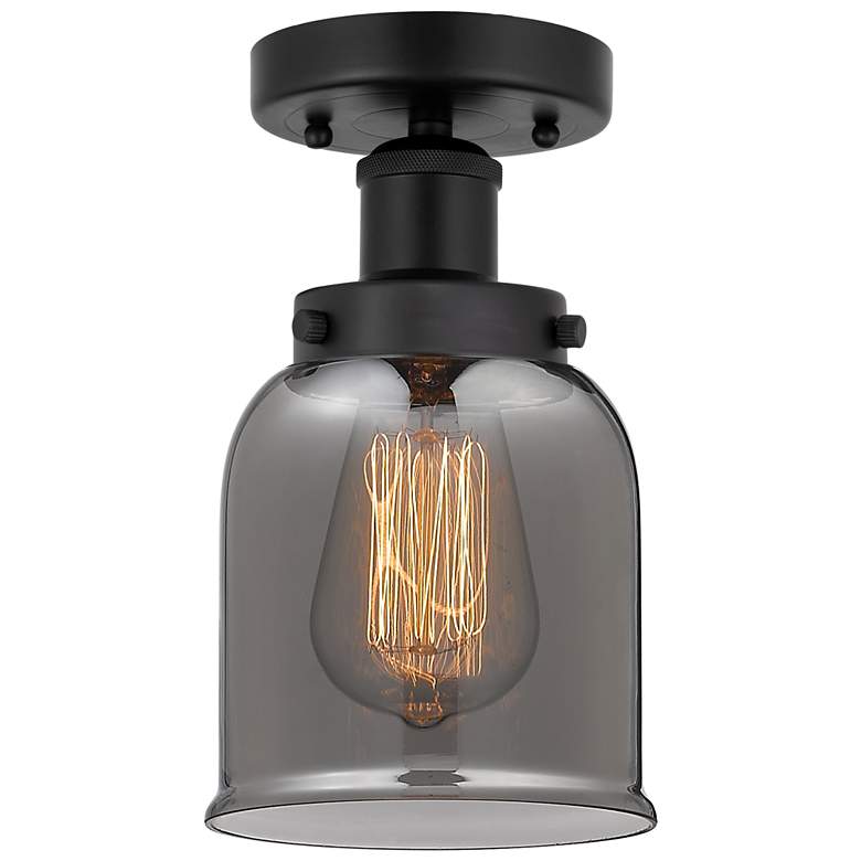 Image 1 Edison Small Bell 7" Matte Black Semi Flush Mount w/ Plated Smoke Shad