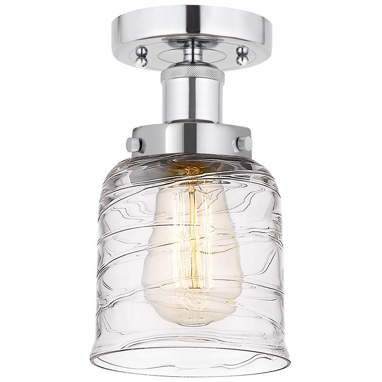 Image 1 Edison Small Bell 7" Polished Chrome Semi Flush Mount w/ Deco Swirl Sh