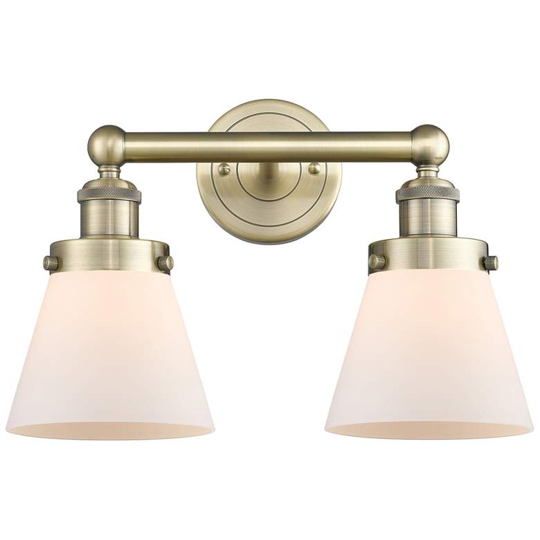 Image 1 Edison Small Cone 15.5"W 2 Light Antique Brass Bath Light With White S