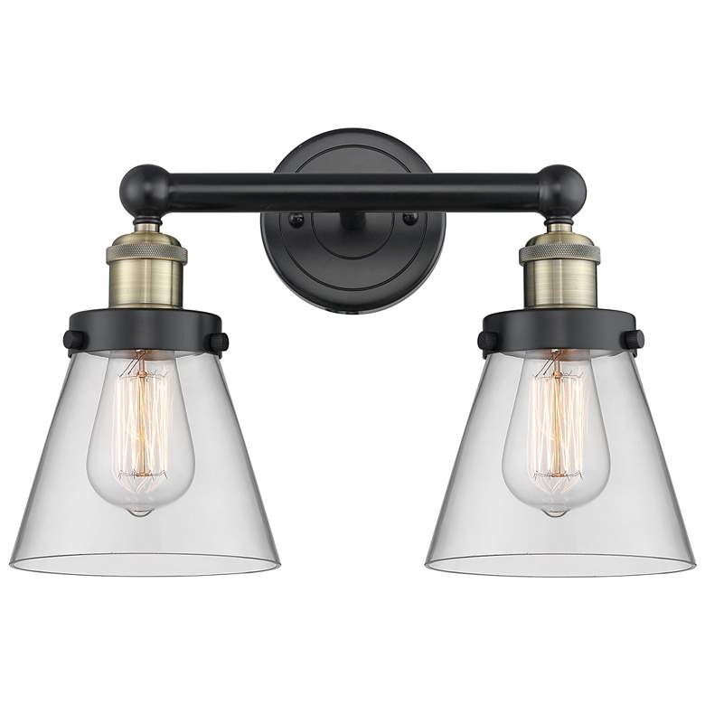 Image 1 Edison Small Cone 15.5"W 2 Light Black Brass Bath Light With Clear Sha