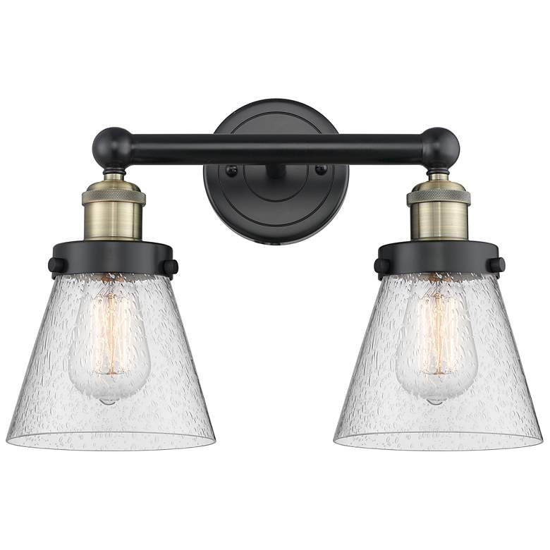 Image 1 Edison Small Cone 15.5"W 2 Light Black Brass Bath Light With Seedy Sha