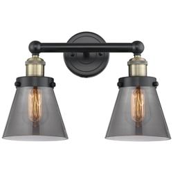 Edison Small Cone 15.5&quot;W 2 Light Black Brass Bath Light With Smoke Sha