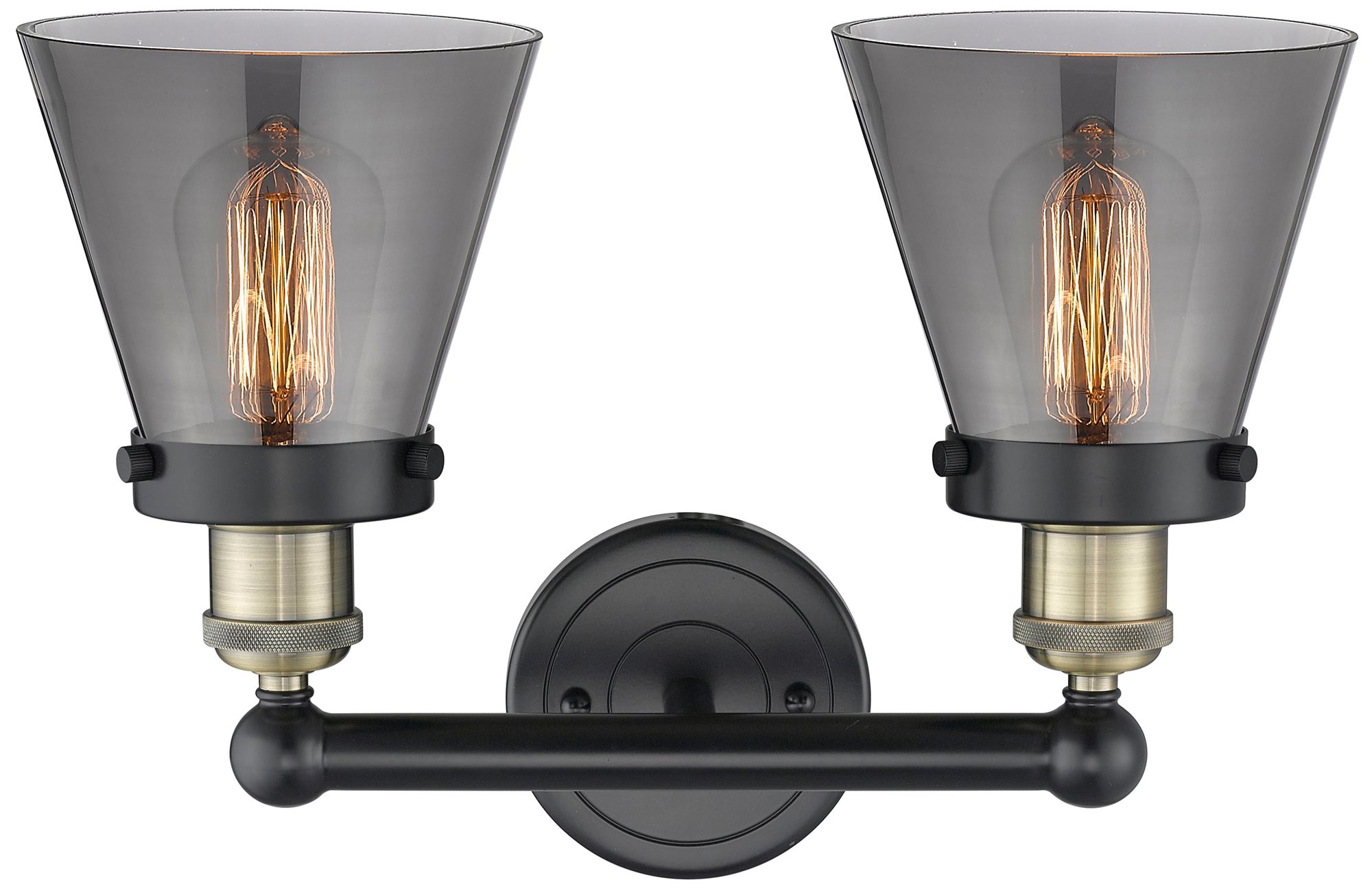 Image 2 Edison Small Cone 15.5"W 2 Light Black Brass Bath Light With Smoke Sha more views