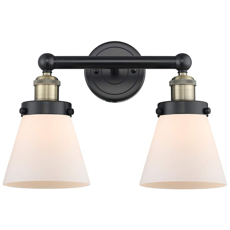 Image 1 Edison Small Cone 15.5"W 2 Light Black Brass Bath Light With White Sha