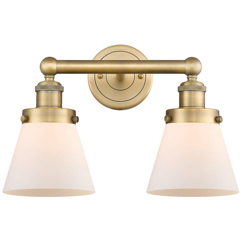 Image 1 Edison Small Cone 15.5 inchW 2 Light Brushed Brass Bath Light With White S