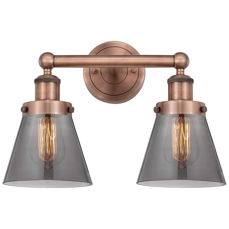 Image 1 Edison Small Cone 15.5"W 2 Light Copper Bath Light With Smoke Shade