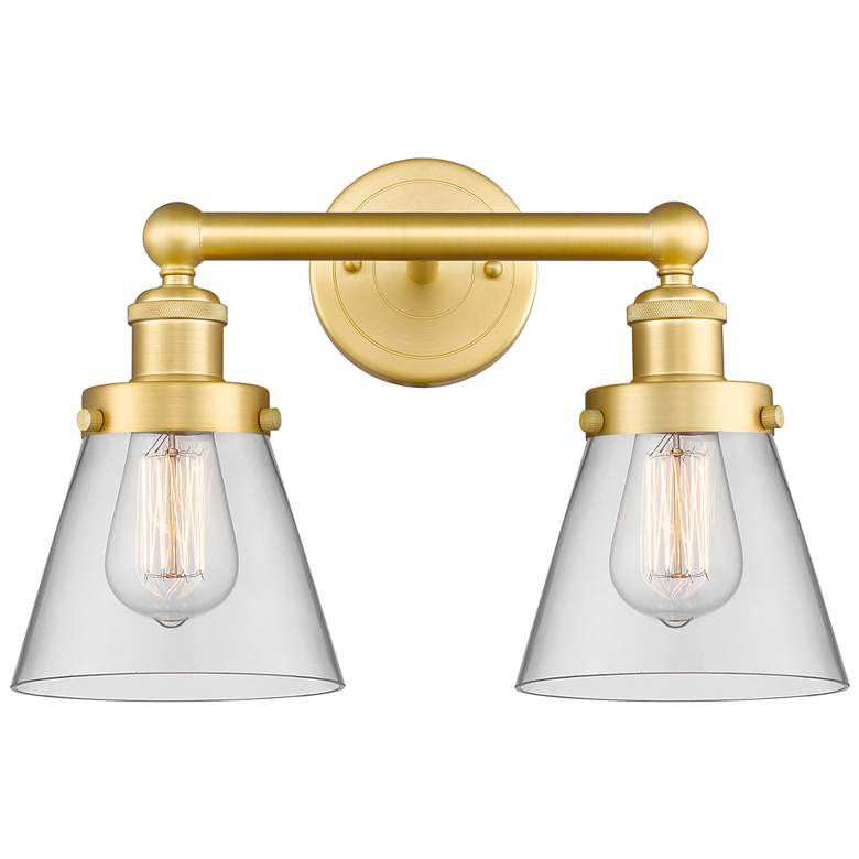 Image 1 Edison Small Cone 15.5"W 2 Light Satin Gold Bath Light With Clear Shad