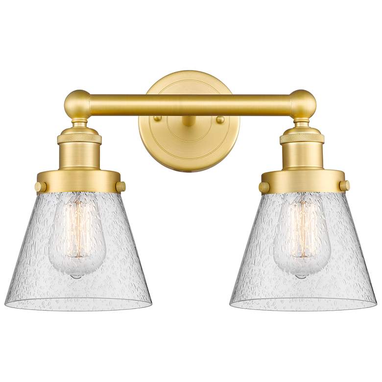 Image 1 Edison Small Cone 15.5 inchW 2 Light Satin Gold Bath Light With Seedy Shad