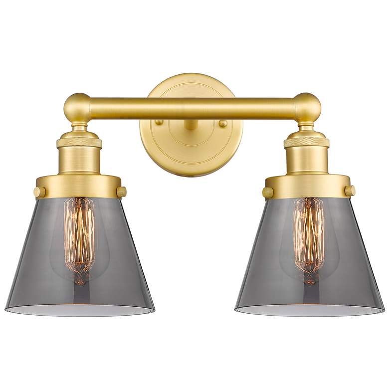 Image 1 Edison Small Cone 15.5 inchW 2 Light Satin Gold Bath Light With Smoke Shad