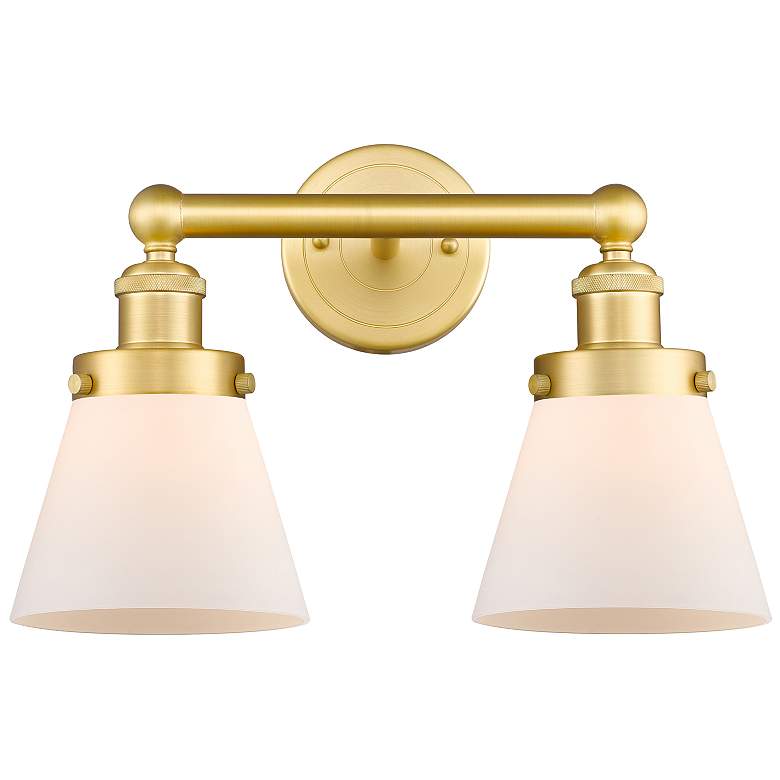 Image 1 Edison Small Cone 15.5"W 2 Light Satin Gold Bath Light With White Shad