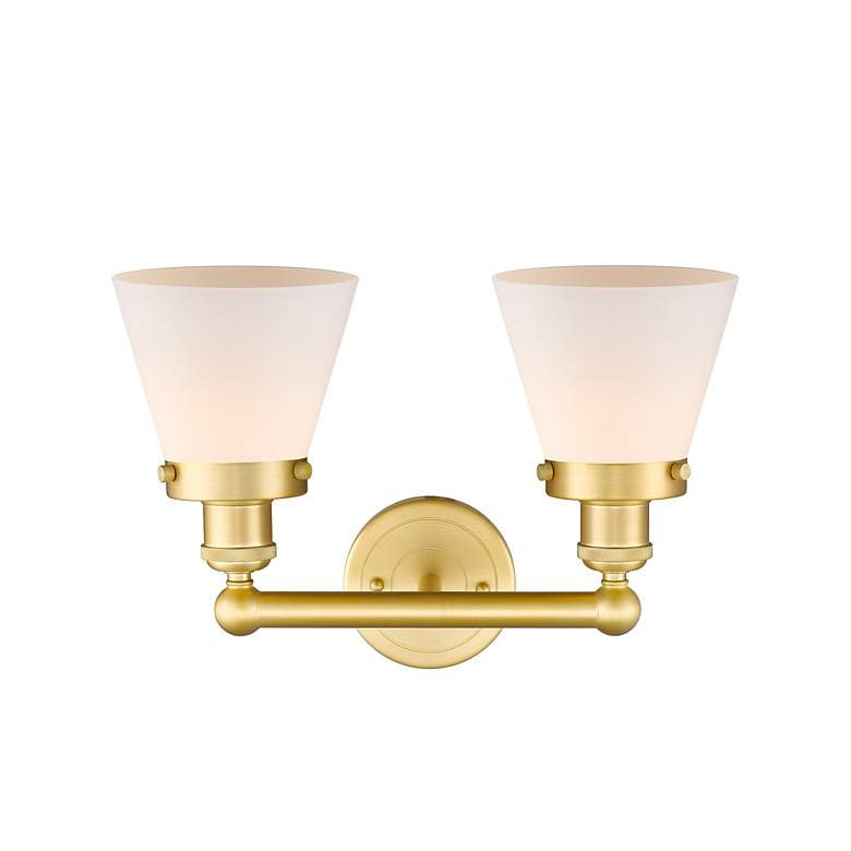 Image 2 Edison Small Cone 15.5"W 2 Light Satin Gold Bath Light With White Shad more views
