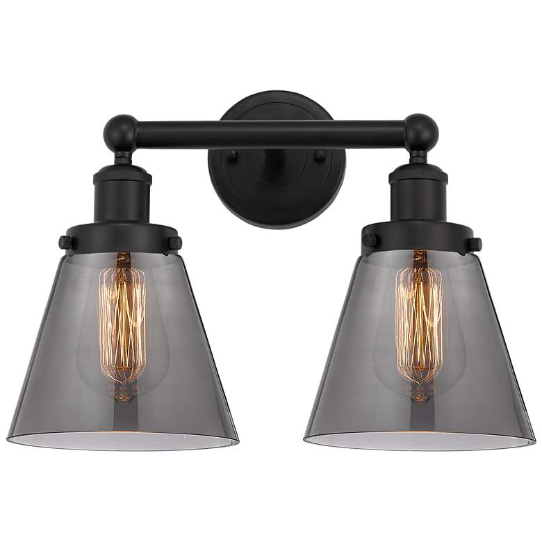 Image 1 Edison Small Cone 16" 2-Light Matte Black Bath Light w/ Plated Smoke S