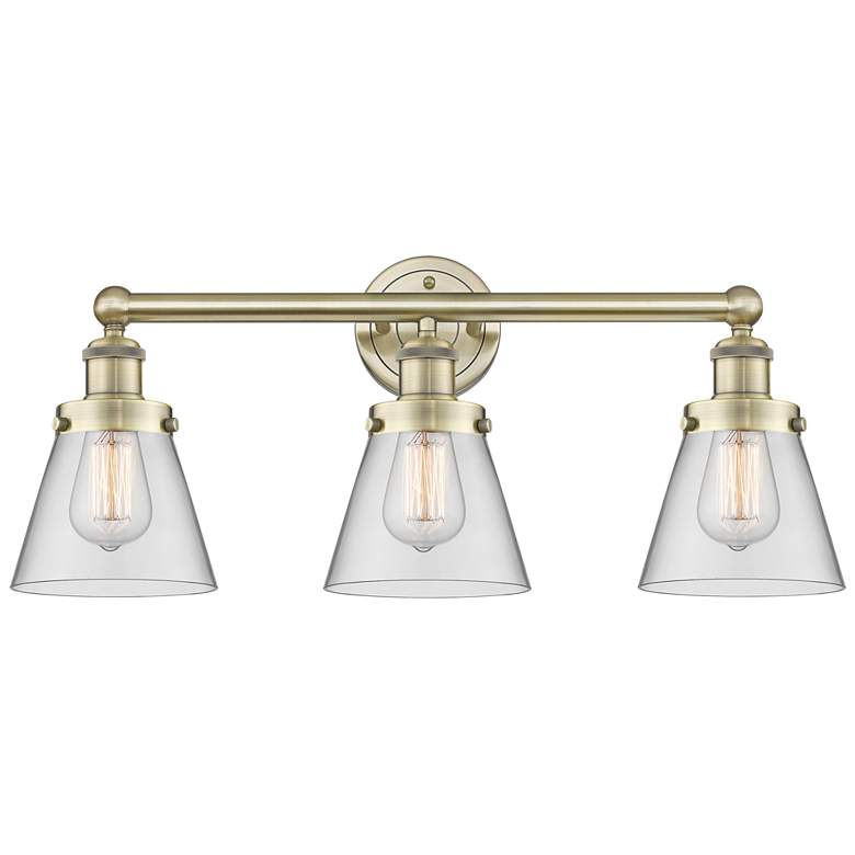 Image 1 Edison Small Cone 24.5"W 3 Light Antique Brass Bath Light With Clear S