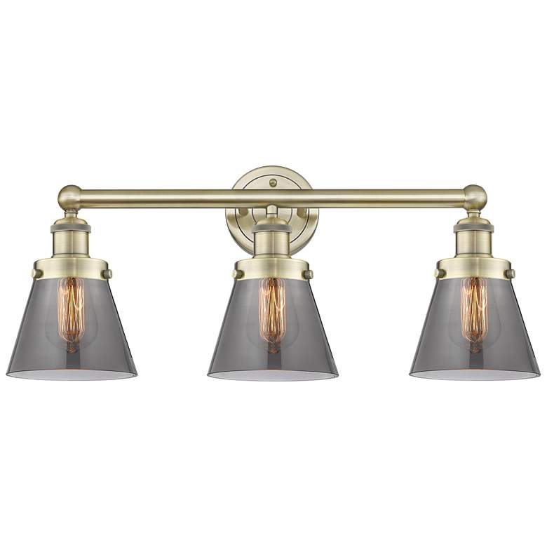 Image 1 Edison Small Cone 24.5"W 3 Light Antique Brass Bath Light With Smoke S