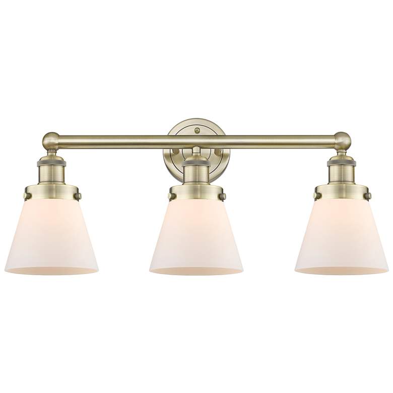 Image 1 Edison Small Cone 24.5"W 3 Light Antique Brass Bath Light With White S