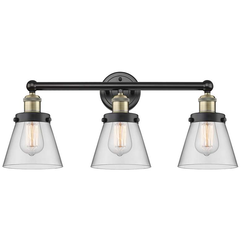 Image 1 Edison Small Cone 24.5"W 3 Light Black Brass Bath Light With Clear Sha