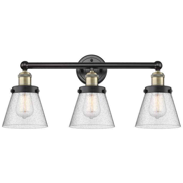 Image 1 Edison Small Cone 24.5"W 3 Light Black Brass Bath Light With Seedy Sha