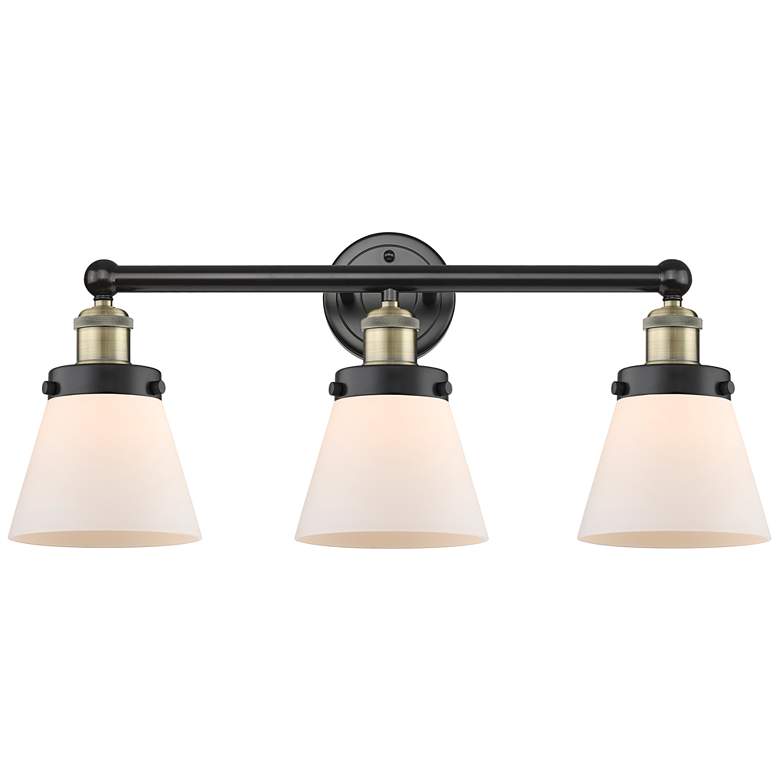 Image 1 Edison Small Cone 24.5"W 3 Light Black Brass Bath Light With White Sha