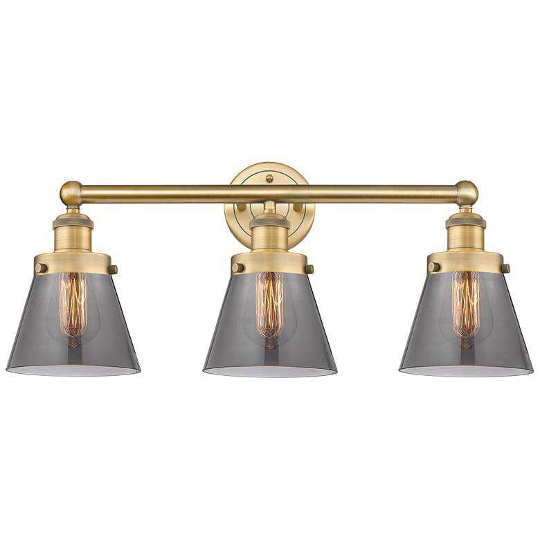 Image 1 Edison Small Cone 24.5"W 3 Light Brushed Brass Bath Light With Smoke S