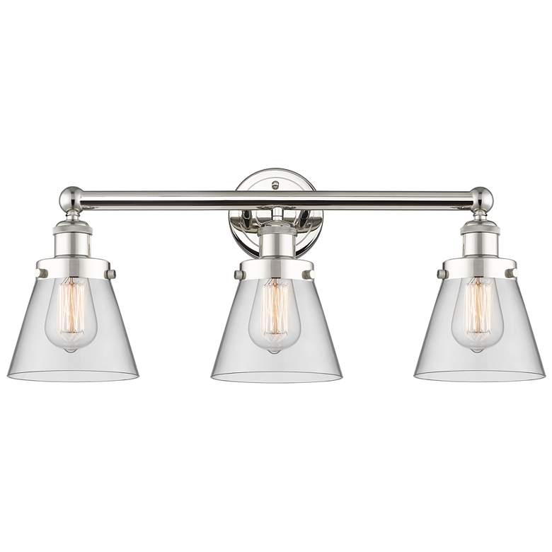 Image 1 Edison Small Cone 24.5"W 3 Light Polished Nickel Bath Light w/ Clear S