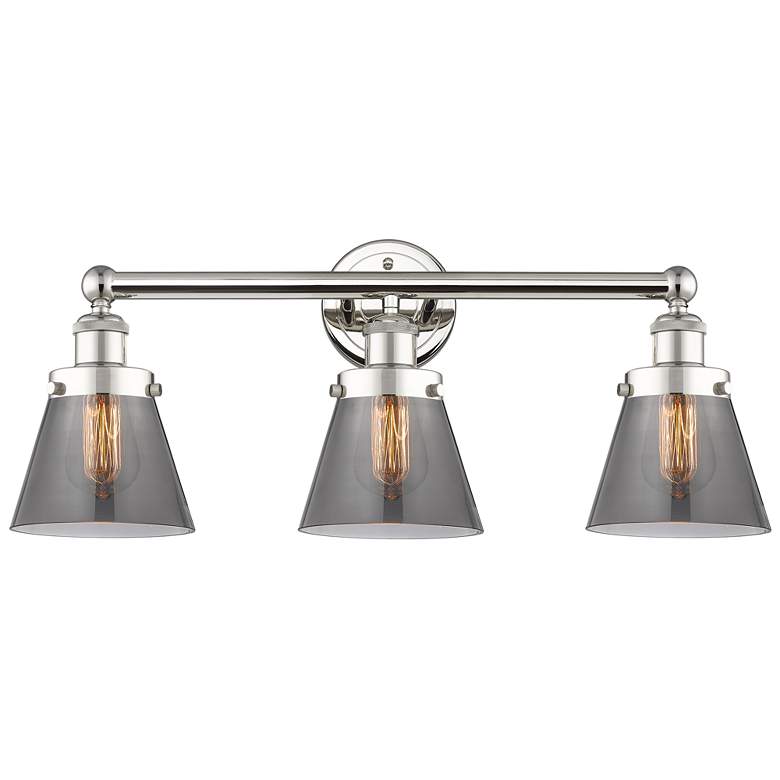 Image 1 Edison Small Cone 24.5"W 3 Light Polished Nickel Bath Light w/ Smoke S