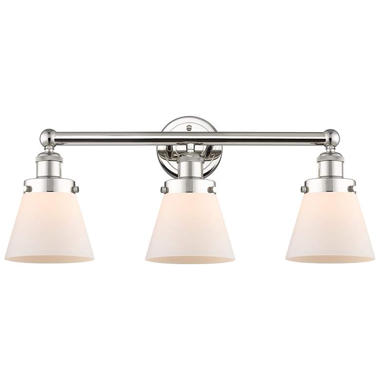 Image 1 Edison Small Cone 24.5"W 3 Light Polished Nickel Bath Light w/ White S