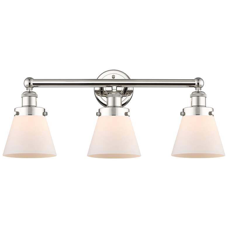 Image 1 Edison Small Cone 24.5 inchW 3 Light Polished Nickel Bath Light w/ White S