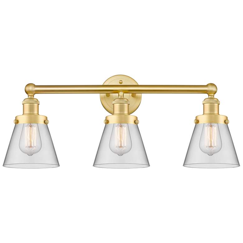 Image 1 Edison Small Cone 24.5"W 3 Light Satin Gold Bath Light With Clear Shad