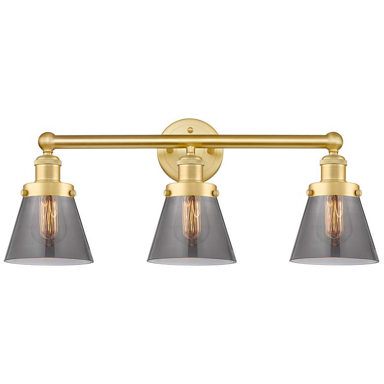 Image 1 Edison Small Cone 24.5"W 3 Light Satin Gold Bath Light With Smoke Shad
