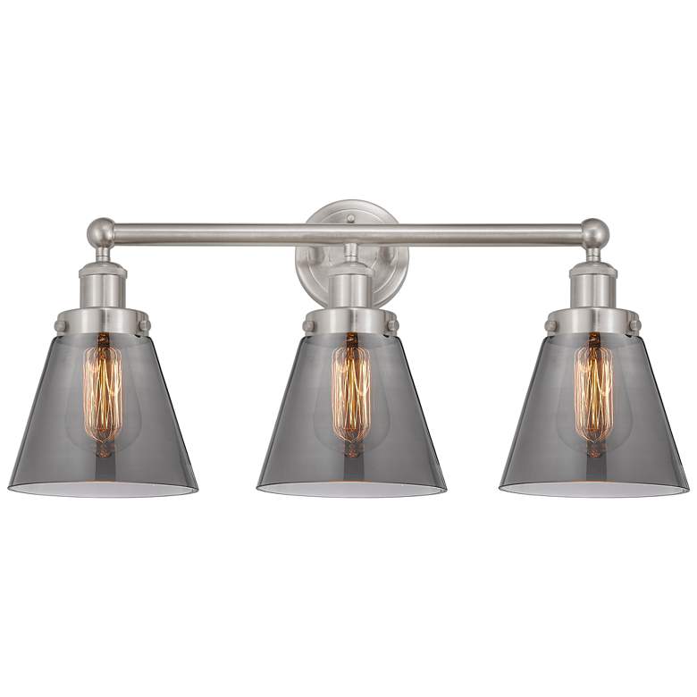 Image 1 Edison Small Cone 25" 3-Light Brushed Nickel Bath Light w/ Smoke Shade