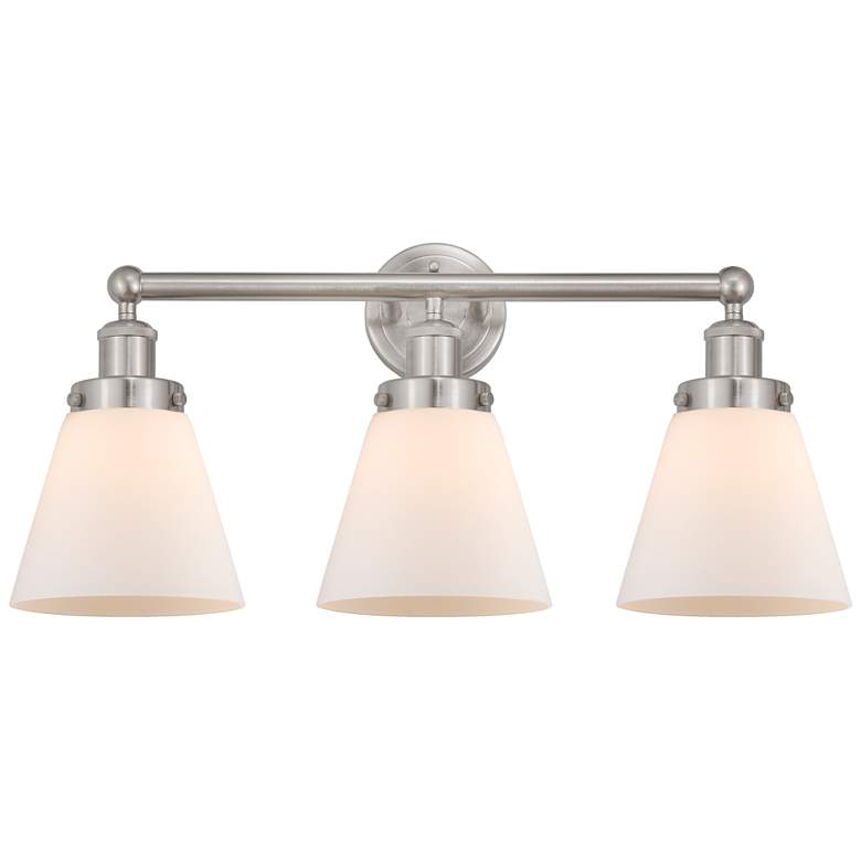Image 1 Edison Small Cone 25" 3-Light Brushed Nickel Bath Light w/ White Shade